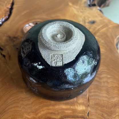 Black Raku Matcha Bowl Named Matsukaze — Hand-Pinched Kuro Raku Chawan with Calligraphy Inscription, Signed Tomobako