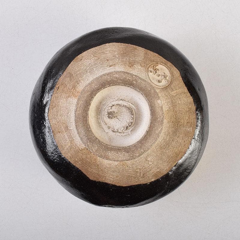Mt. Fuji Black Raku Tea Bowl by Kawasaki Waraku — Kuro-Raku, Gold Fuji Motif, Signed Box