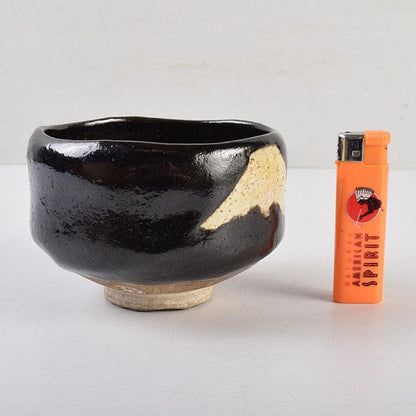 Mt. Fuji Black Raku Tea Bowl by Kawasaki Waraku — Kuro-Raku, Gold Fuji Motif, Signed Box