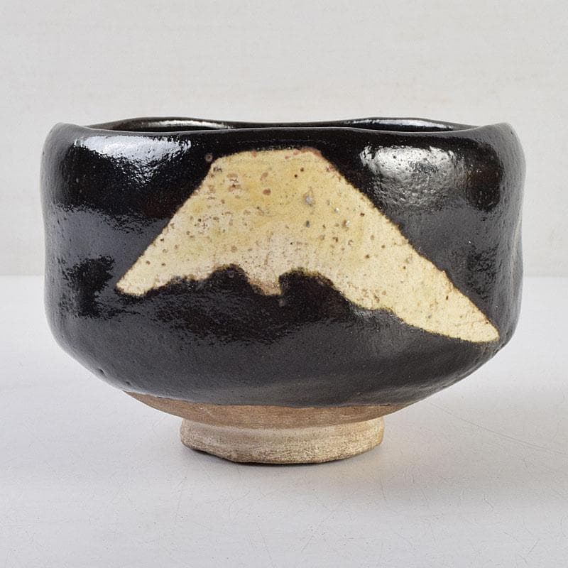 Mt. Fuji Black Raku Tea Bowl by Kawasaki Waraku — Kuro-Raku, Gold Fuji Motif, Signed Box