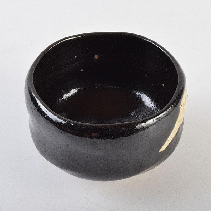 Mt. Fuji Black Raku Tea Bowl by Kawasaki Waraku — Kuro-Raku, Gold Fuji Motif, Signed Box