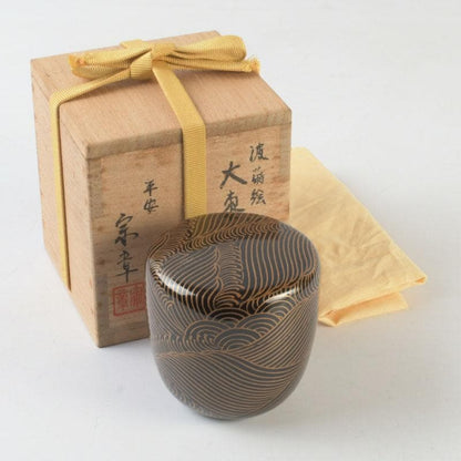Japanese Lacquer Tea Caddy | Natsume with Gold Wave Maki-e | Sasaki Sosho | Hisada Jingyusai Inscription | Heian Kyoto