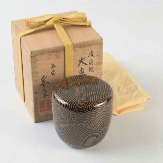 Japanese Lacquer Tea Caddy | Natsume with Gold Wave Maki-e | Sasaki Sosho | Hisada Jingyusai Inscription | Heian Kyoto
