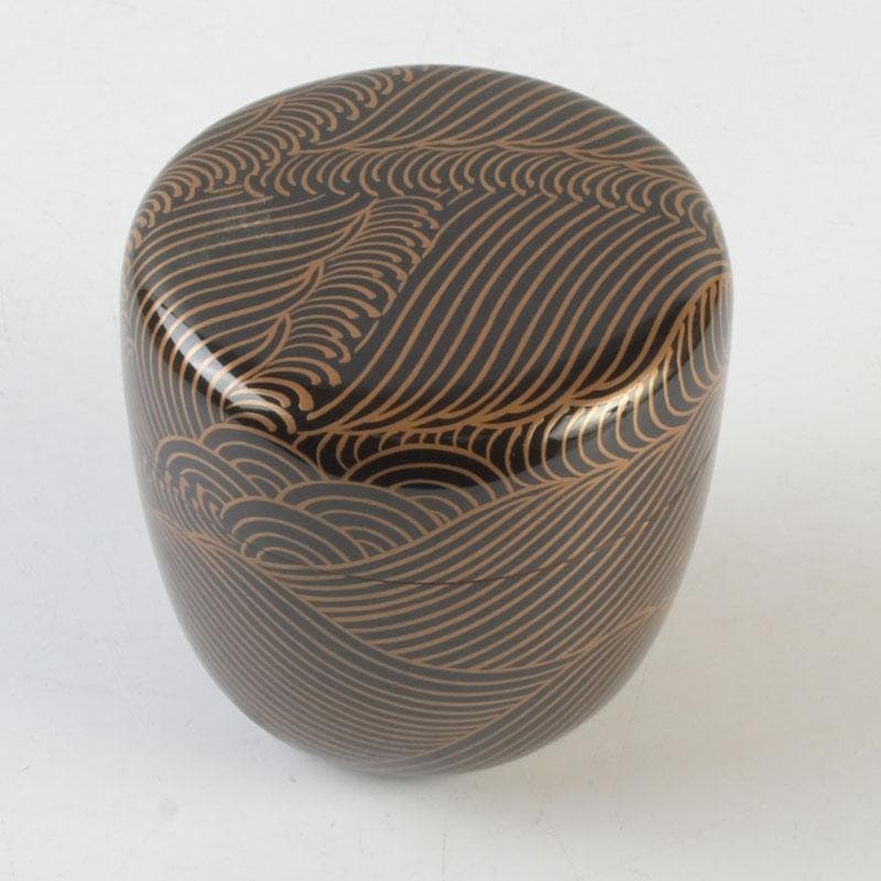 Japanese Lacquer Tea Caddy | Natsume with Gold Wave Maki-e | Sasaki Sosho | Hisada Jingyusai Inscription | Heian Kyoto