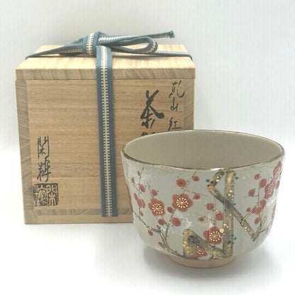 Minamiguchi Kansui Chawan — Kenzan-style Kobai Red Plum Tea Bowl, Signed Box, Shiori