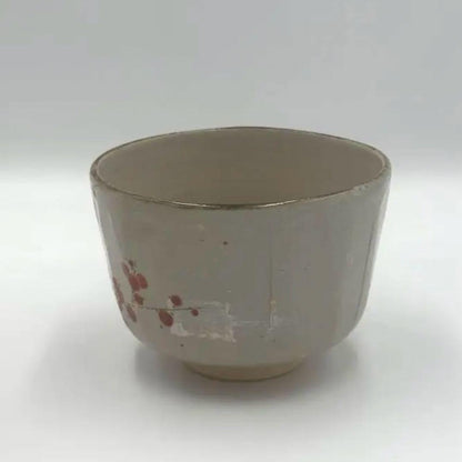 Minamiguchi Kansui Chawan — Kenzan-style Kobai Red Plum Tea Bowl, Signed Box, Shiori