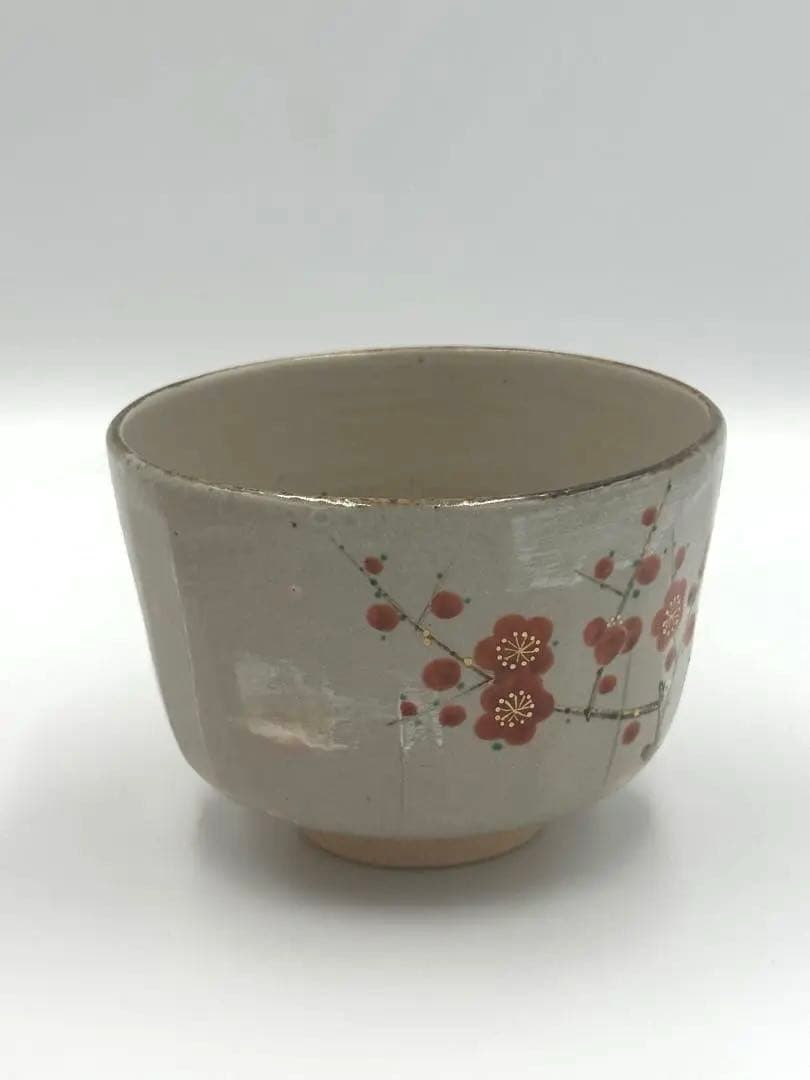 Minamiguchi Kansui Chawan — Kenzan-style Kobai Red Plum Tea Bowl, Signed Box, Shiori