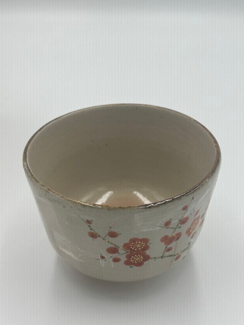 Minamiguchi Kansui Chawan — Kenzan-style Kobai Red Plum Tea Bowl, Signed Box, Shiori