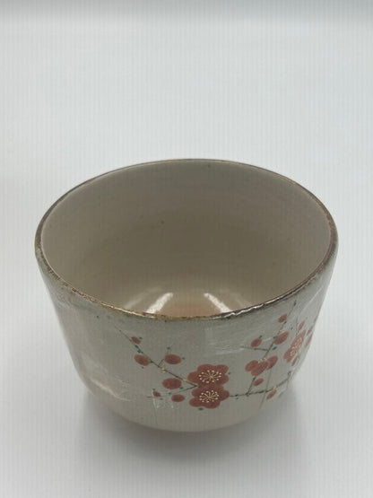 Minamiguchi Kansui Chawan — Kenzan-style Kobai Red Plum Tea Bowl, Signed Box, Shiori
