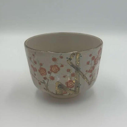 Minamiguchi Kansui Chawan — Kenzan-style Kobai Red Plum Tea Bowl, Signed Box, Shiori