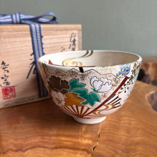 Ninsei Style Fan Motif Matcha Bowl by Tsuguji Kozan — Gold Enamel Polychrome Tea Bowl, Signed Wood Box