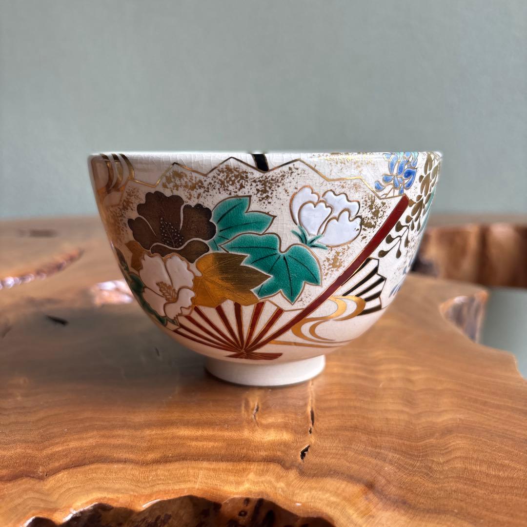 Ninsei Style Fan Motif Matcha Bowl by Tsuguji Kozan — Gold Enamel Polychrome Tea Bowl, Signed Wood Box