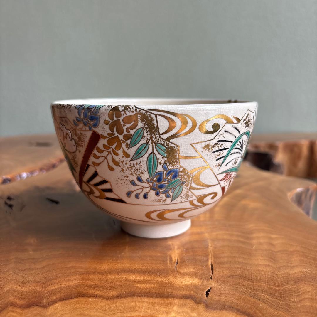 Ninsei Style Fan Motif Matcha Bowl by Tsuguji Kozan — Gold Enamel Polychrome Tea Bowl, Signed Wood Box