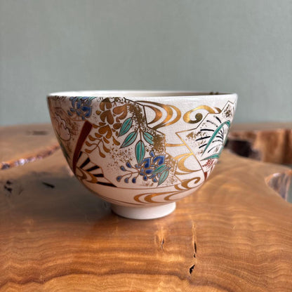 Ninsei Style Fan Motif Matcha Bowl by Tsuguji Kozan — Gold Enamel Polychrome Tea Bowl, Signed Wood Box