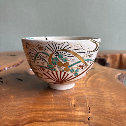 Ninsei Style Fan Motif Matcha Bowl by Tsuguji Kozan — Gold Enamel Polychrome Tea Bowl, Signed Wood Box
