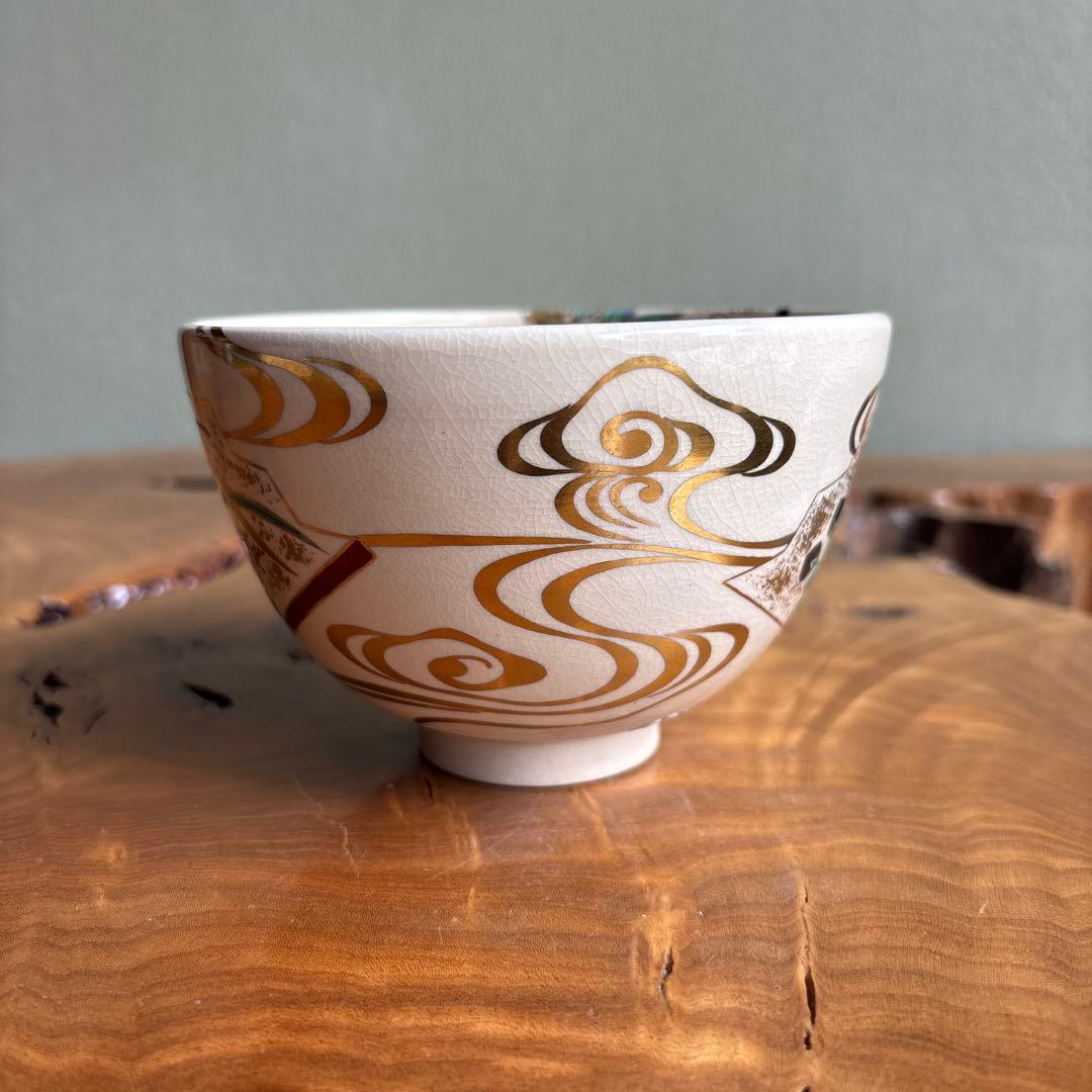 Ninsei Style Fan Motif Matcha Bowl by Tsuguji Kozan — Gold Enamel Polychrome Tea Bowl, Signed Wood Box
