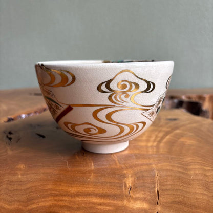 Ninsei Style Fan Motif Matcha Bowl by Tsuguji Kozan — Gold Enamel Polychrome Tea Bowl, Signed Wood Box