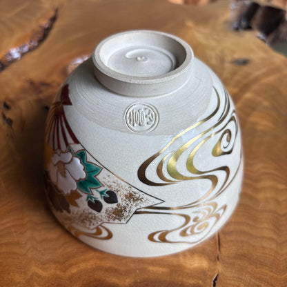 Ninsei Style Fan Motif Matcha Bowl by Tsuguji Kozan — Gold Enamel Polychrome Tea Bowl, Signed Wood Box