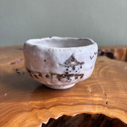 Shino Ware Matcha Bowl by Yano Keisen — Iron Spot Landscape on White Glaze, Small Form