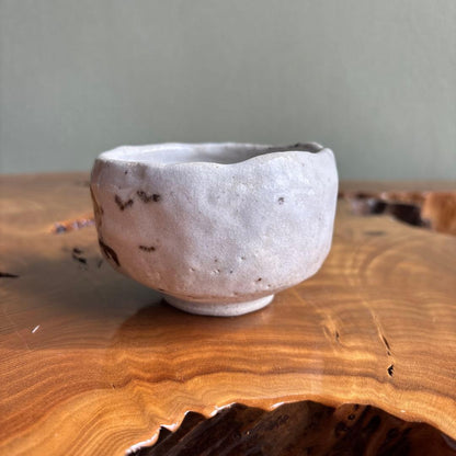 Shino Ware Matcha Bowl by Yano Keisen — Iron Spot Landscape on White Glaze, Small Form