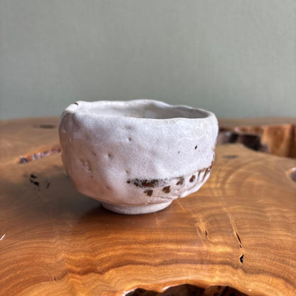 Shino Ware Matcha Bowl by Yano Keisen — Iron Spot Landscape on White Glaze, Small Form