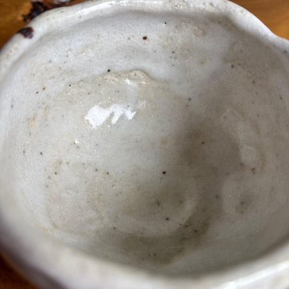 Shino Ware Matcha Bowl by Yano Keisen — Iron Spot Landscape on White Glaze, Small Form