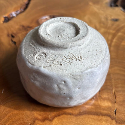 Shino Ware Matcha Bowl by Yano Keisen — Iron Spot Landscape on White Glaze, Small Form