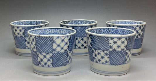 Ko-Imari Soba Choko Set of 5 — Ichimatsu Patchwork Sometsuke Blue