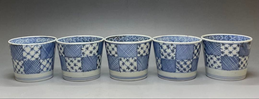 Ko-Imari Soba Choko Set of 5 — Ichimatsu Patchwork Sometsuke Blue
