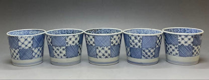 Ko-Imari Soba Choko Set of 5 — Ichimatsu Patchwork Sometsuke Blue