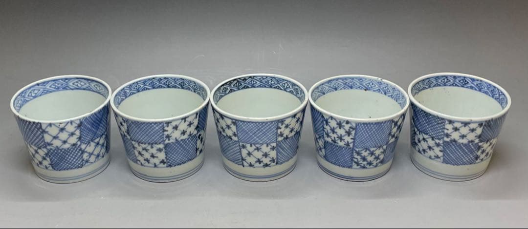 Ko-Imari Soba Choko Set of 5 — Ichimatsu Patchwork Sometsuke Blue