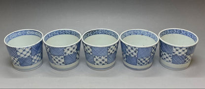 Ko-Imari Soba Choko Set of 5 — Ichimatsu Patchwork Sometsuke Blue