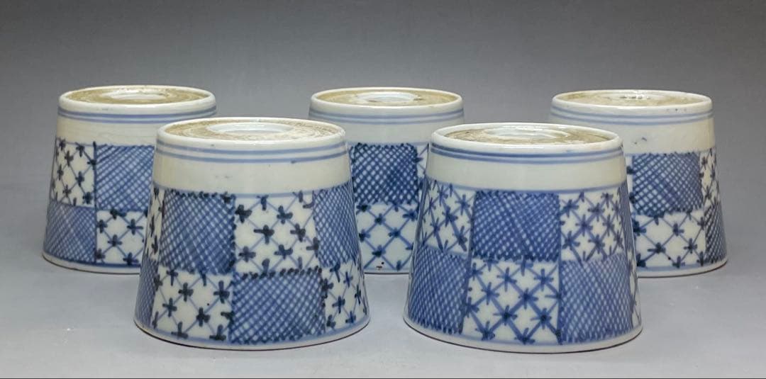 Ko-Imari Soba Choko Set of 5 — Ichimatsu Patchwork Sometsuke Blue