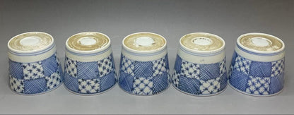 Ko-Imari Soba Choko Set of 5 — Ichimatsu Patchwork Sometsuke Blue