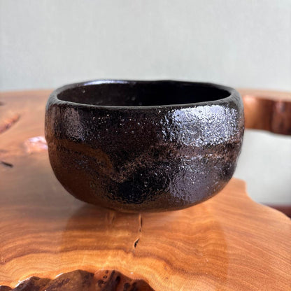 Black Chawan by Inoue Hochiku, Inami Kiln — Sandy Textured Kuro-chawan, Bold Form