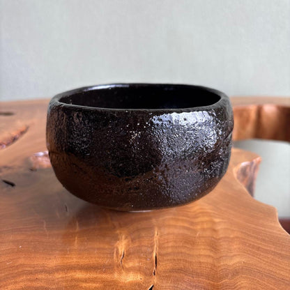 Black Chawan by Inoue Hochiku, Inami Kiln — Sandy Textured Kuro-chawan, Bold Form