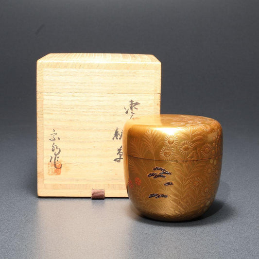 Autumn Grasses on Pure Gold Ground — Kin-ji Maki-e Natsume by Shimizu Sosui | Chrysanthemum Susuki Bellflower