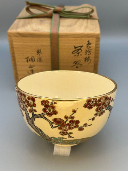 Kyoto-yaki Enameled Plum Blossom Matcha Bowl by Wada Tozan