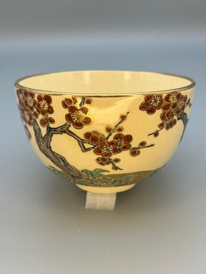 Kyoto-yaki Enameled Plum Blossom Matcha Bowl by Wada Tozan