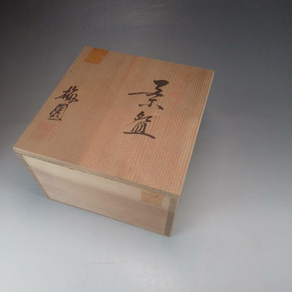 Aka-e Floral Matcha Bowl by Baien — Red & Green Flower Design, Signed Wood Box