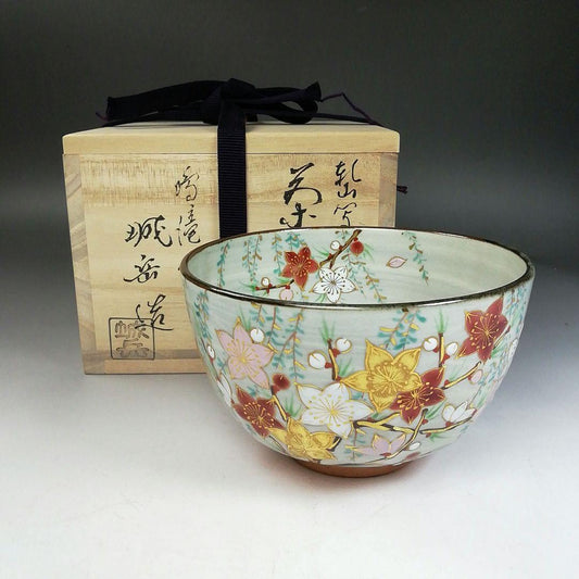 Kenzan-Style Matcha Chawan, Peach Blossom & Willow, by Hashimoto Jogaku of Narutaki Kiln