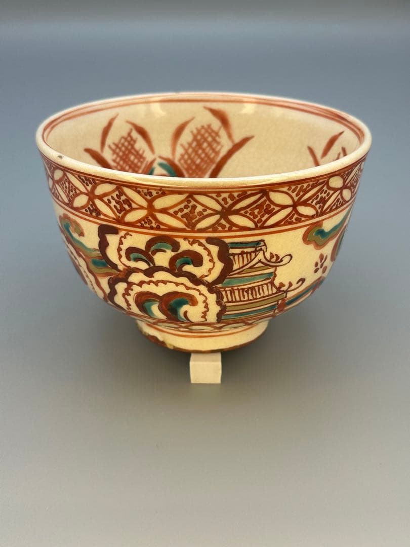 Tanaka Juho Akae Undote Tea Bowl — Red Overglaze Enamel Chinoiserie Chawan