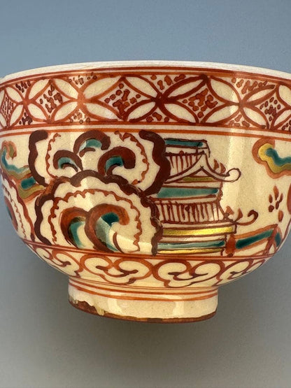 Tanaka Juho Akae Undote Tea Bowl — Red Overglaze Enamel Chinoiserie Chawan