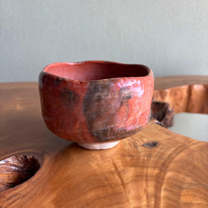 Raku Chawan Tea Bowl by Sasaki Waraku | Red Raku with Black Kiln Marks | Tomobako