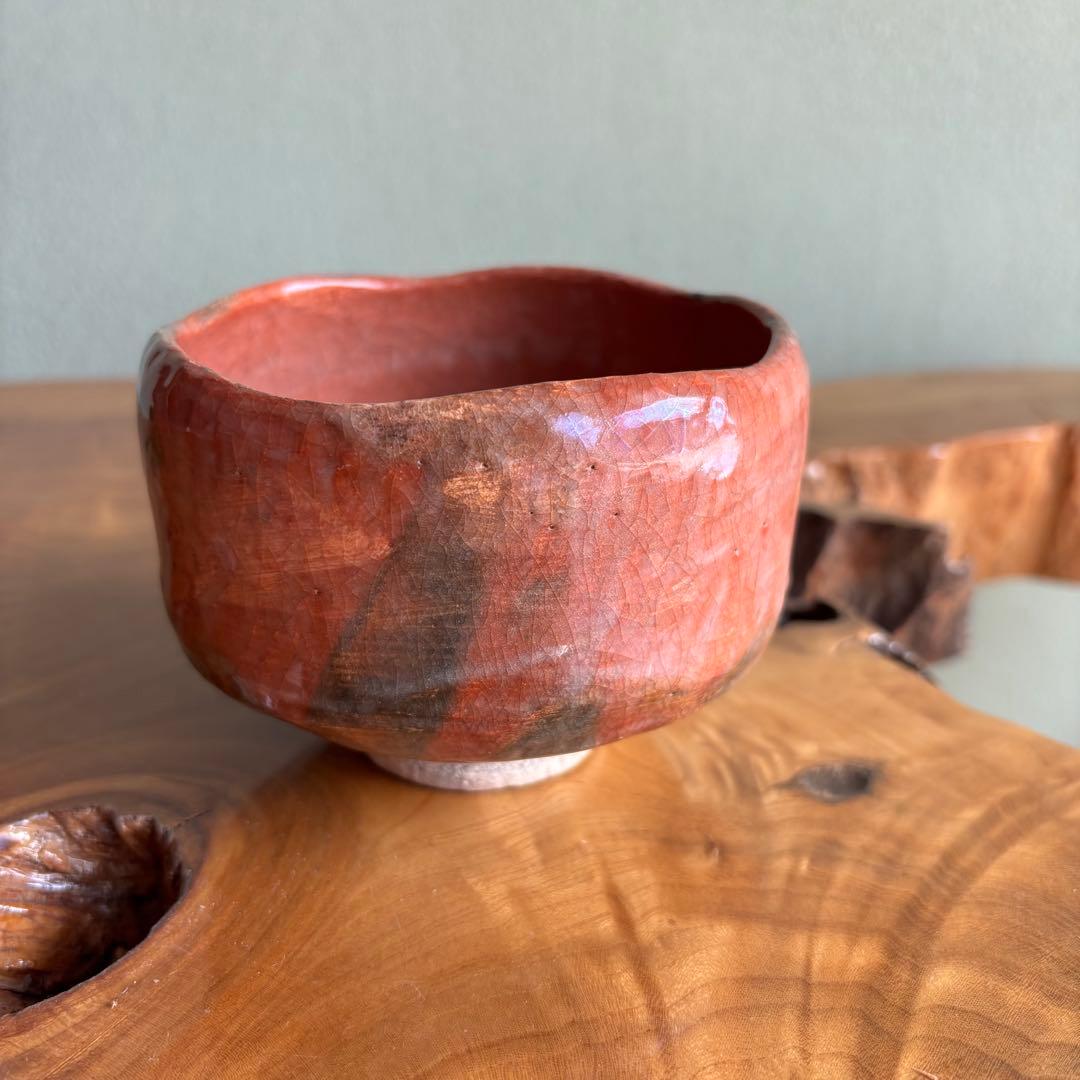 Raku Chawan Tea Bowl by Sasaki Waraku | Red Raku with Black Kiln Marks | Tomobako