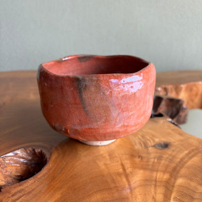 Raku Chawan Tea Bowl by Sasaki Waraku | Red Raku with Black Kiln Marks | Tomobako