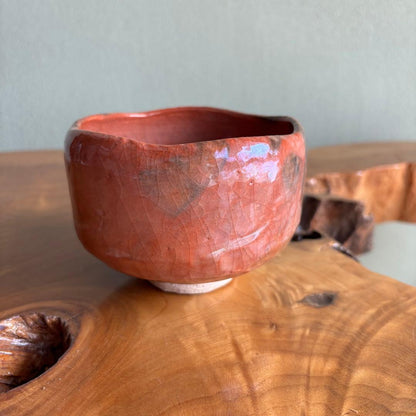 Raku Chawan Tea Bowl by Sasaki Waraku | Red Raku with Black Kiln Marks | Tomobako