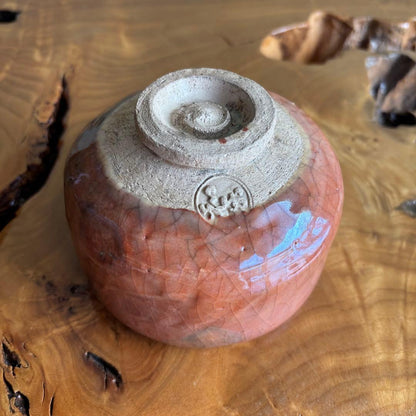 Raku Chawan Tea Bowl by Sasaki Waraku | Red Raku with Black Kiln Marks | Tomobako