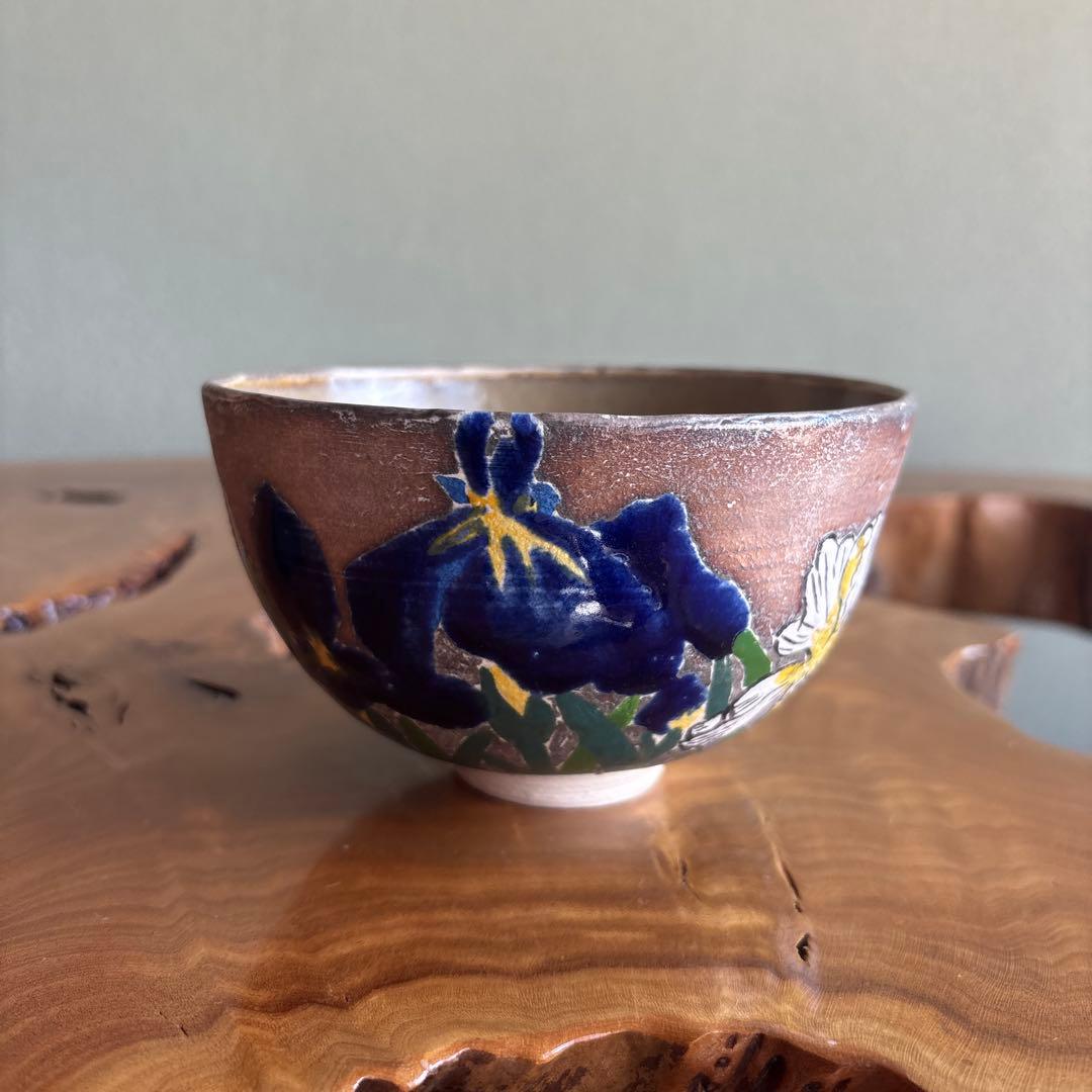 Silver Iris Chawan — Iron-Clay Matcha Bowl, Signed Box
