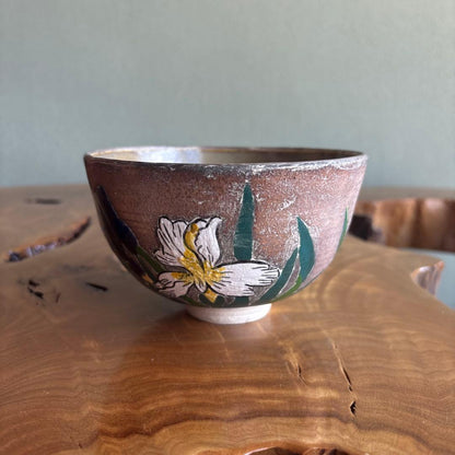 Silver Iris Chawan — Iron-Clay Matcha Bowl, Signed Box